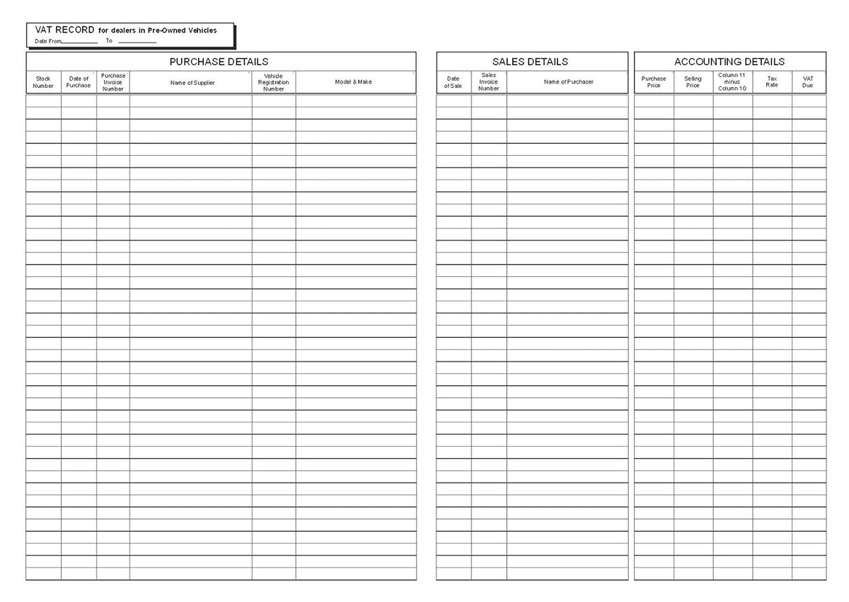 VAT BOOK FOR DEALERS IN PRE-OWNED VEHICLES (A4/32 Pages) V012