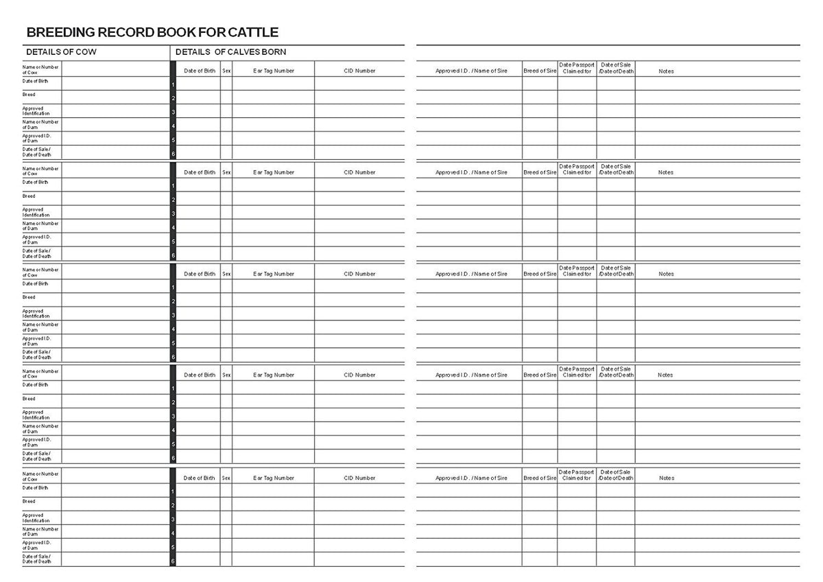 Cattle Breeding & Calving Record Book – A4, 32 Pages (B006)