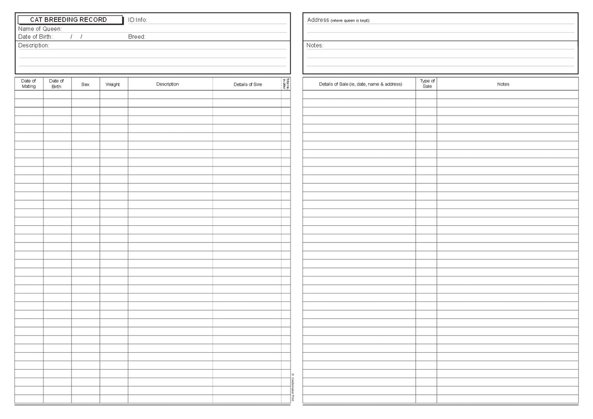 BREEDING BOOK FOR CATS (A4/32 Pages) B072 (Kitten Record Book)