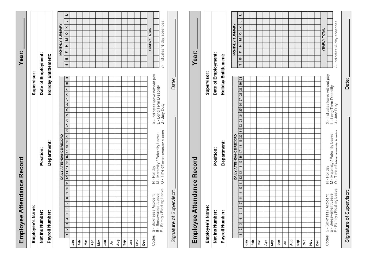EMPLOYEE ATTENDANCE RECORD BOOK (A4/32 Pages) E029 (Staff Register)