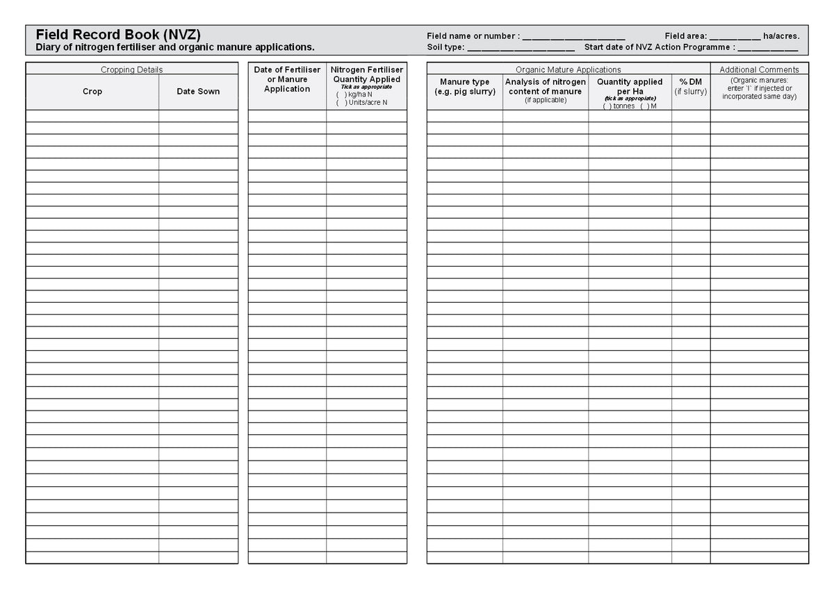 FIELD RECORD BOOK - NVZ (A4/32 Pages) F030 (Nitrate Vulnerable Zones)