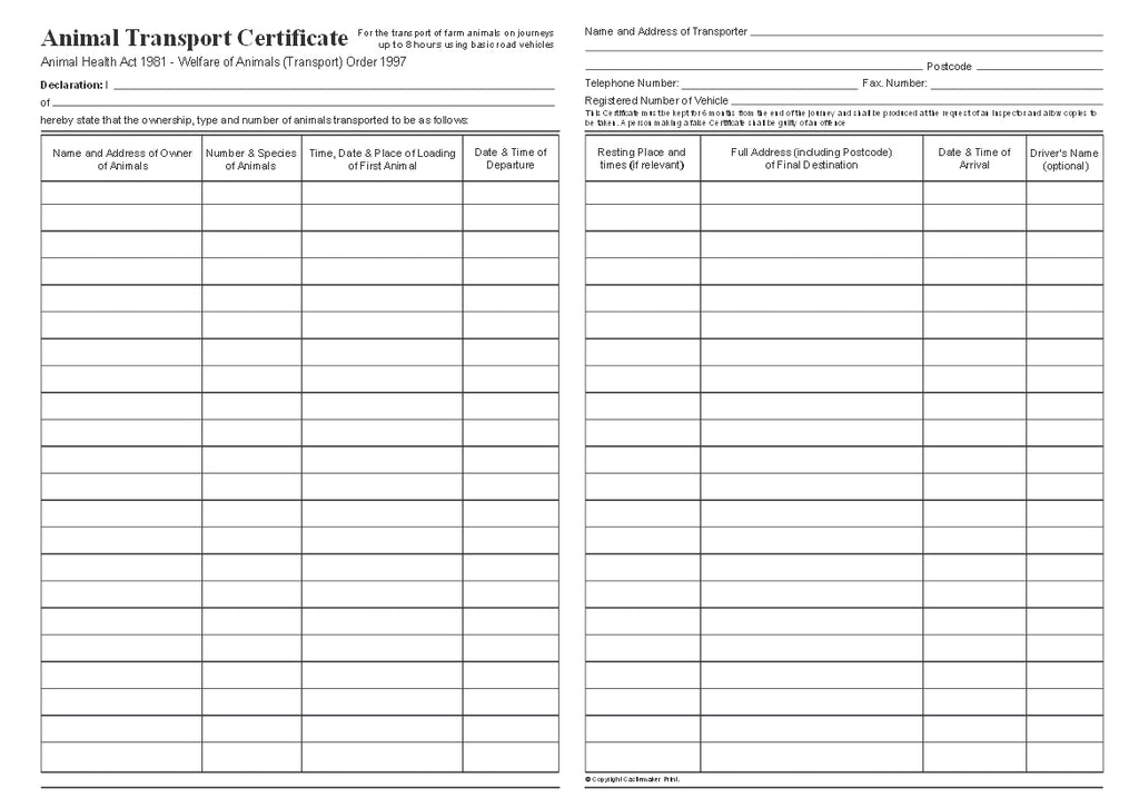 Animal Transport Certificate Book – A5, 32 Pages (T007)
